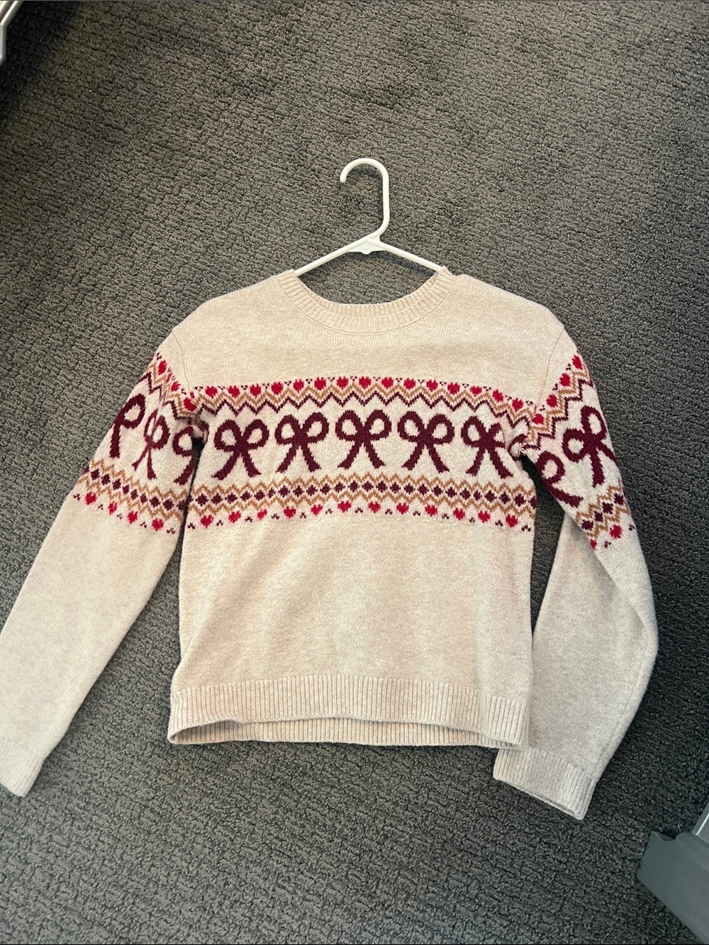 Cat & Jack Cream Sweater with Red and Burgundy Bow Fair Isle